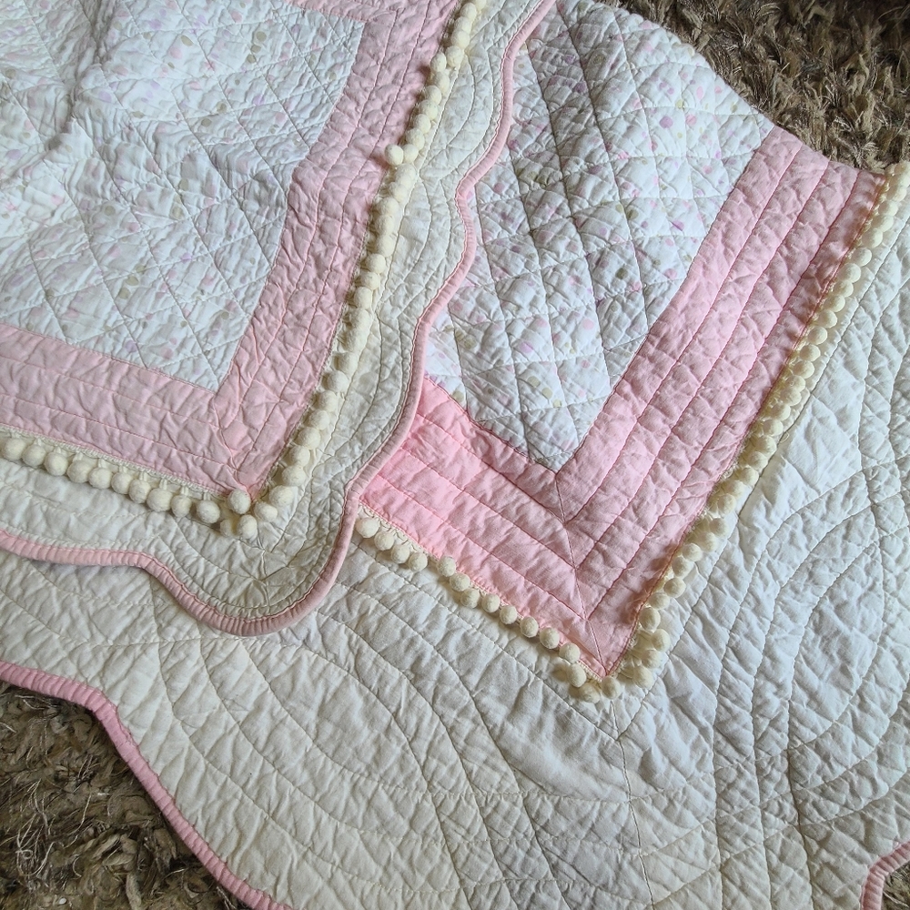 Girl Toddler Bed Quilt Comforter (Pink White/Cream Lilac & Light Green)